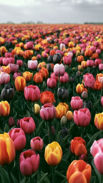 Vibrant Flowers Wallpaper featuring a vast field of colorful tulips under a cloudy sky