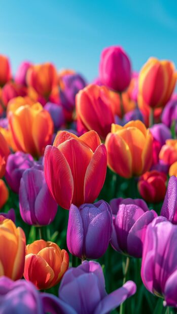 Flowers Wallpaper displaying vibrant colorful tulips in red, orange, and purple with water droplets against a clear blue sky