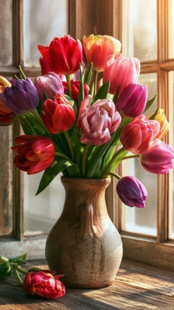 Beautiful Flowers Wallpaper showcasing a vase of colorful tulips on a sunlit windowsill