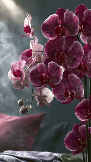 Flowers wallpaper featuring elegant dark pink orchids with subtle wisps of smoke in the background, creating a moody atmosphere