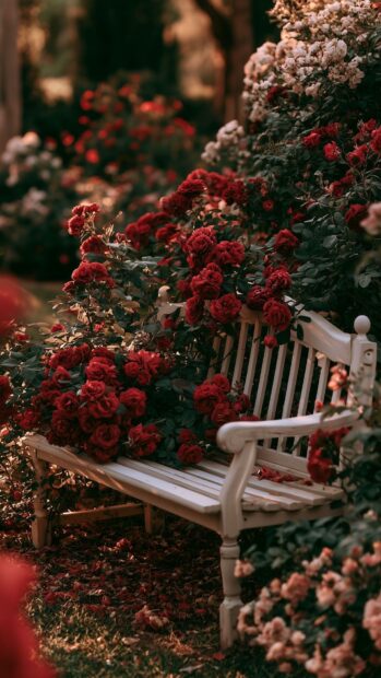 Flowers wallpaper featuring a white garden bench surrounded by vibrant red roses