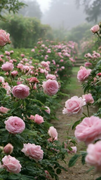 Serene Flowers Wallpaper depicting a misty garden path lined with delicate pink roses