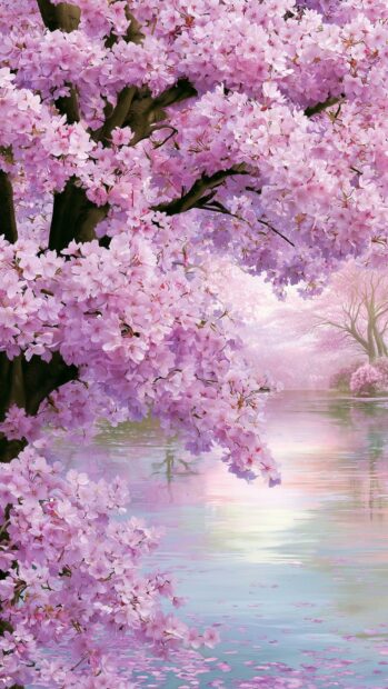 Beautiful Flowers Wallpaper featuring pink cherry blossoms reflecting on a serene lake