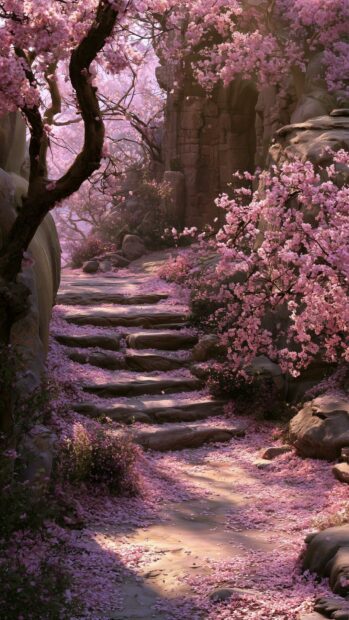 Flowers Wallpaper featuring a beautiful path with pink cherry blossom trees and petals on the ground