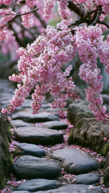 Flowers wallpaper featuring delicate pink cherry blossoms hanging over a serene stepping stone garden path
