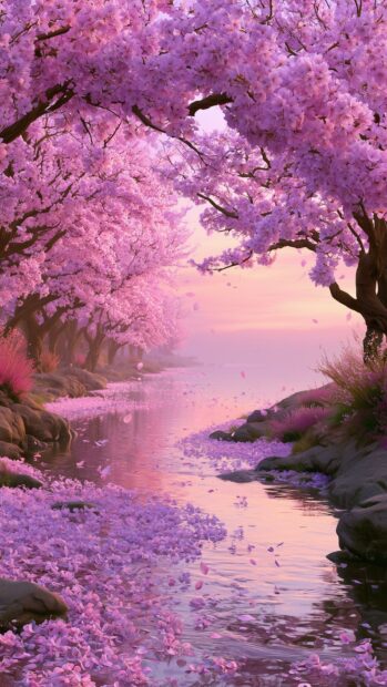 Beautiful Flowers Wallpaper featuring pink cherry blossoms lining a tranquil river with fallen petals