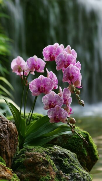 Flowers wallpaper showing elegant pink orchid blooms with a soft waterfall background