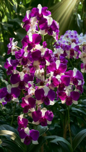 Flowers wallpaper featuring a cluster of vibrant purple and white orchids blooming brightly in a garden