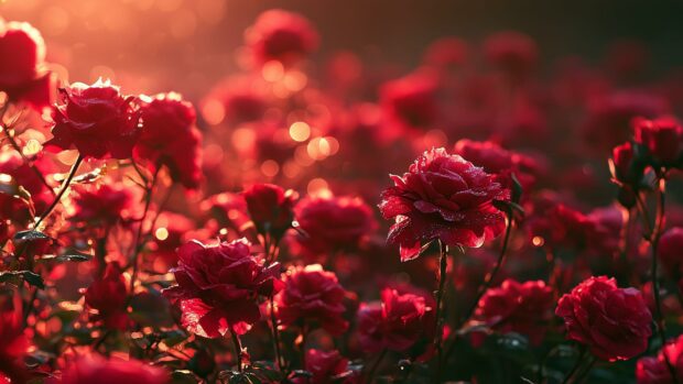 Flowers Wallpaper featuring close-up red roses with water droplets and a warm, blurry bokeh background