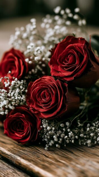 Flowers wallpaper featuring a romantic bouquet of red roses and baby's breath on wood