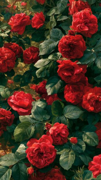 Flowers wallpaper featuring a vibrant bush of red roses and green leaves