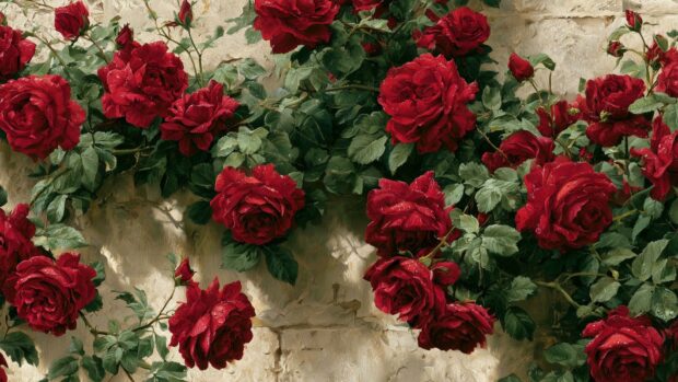 Stunning Flowers Wallpaper showcasing vibrant red roses climbing an old stone wall