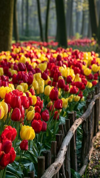 Flowers Wallpaper featuring a vibrant field of red and yellow tulips alongside a rustic wooden fence