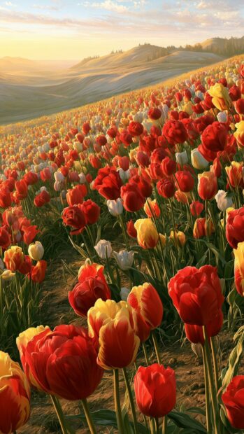 Flowers Wallpaper showing a vast field of red, yellow, and white tulips under a beautiful sunset sky