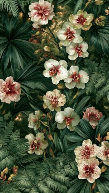 Flowers Wallpaper featuring a vintage botanical illustration of white orchids and dark green ferns