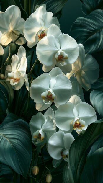 Flowers wallpaper showcasing elegant white orchids with rich dark green leaves