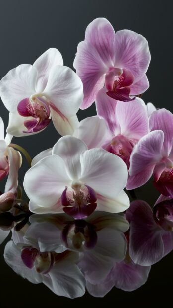 Elegant Flowers Wallpaper showcasing white and pink orchid blooms against a dark reflective background