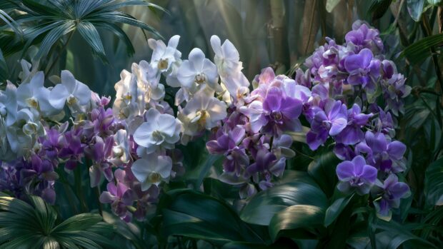 Flowers wallpaper showcasing a vibrant display of white and purple orchids nestled among lush green tropical foliage