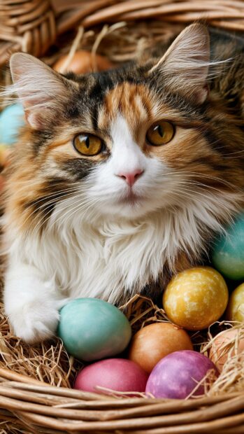 A beautiful calico cat wallpaper with fluffy fur and amber eyes lying in a basket of colorful Easter eggs