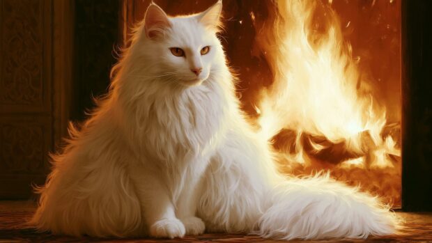A fluffy white cat wallpaper with orange eyes sitting elegantly in front of a warm, crackling fireplace