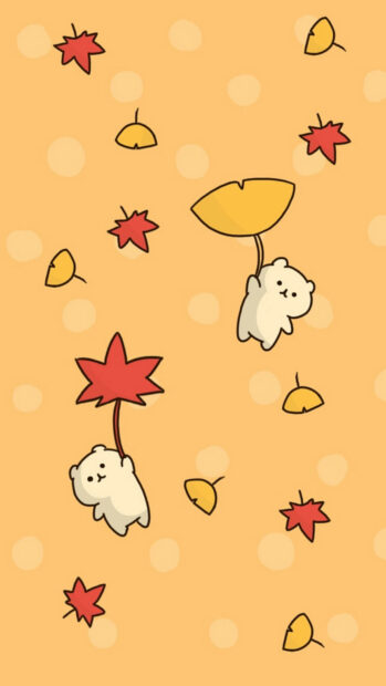 Free Download Fall Leaves Hd Wallpapers with cute cartoon bears floating with autumn leaves on a light yellow background