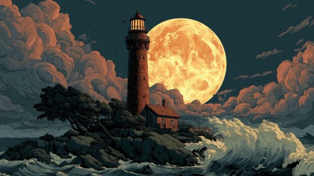 A dramatic full moon wallpaper featuring a lighthouse on a rocky island with crashing waves under an orange sky