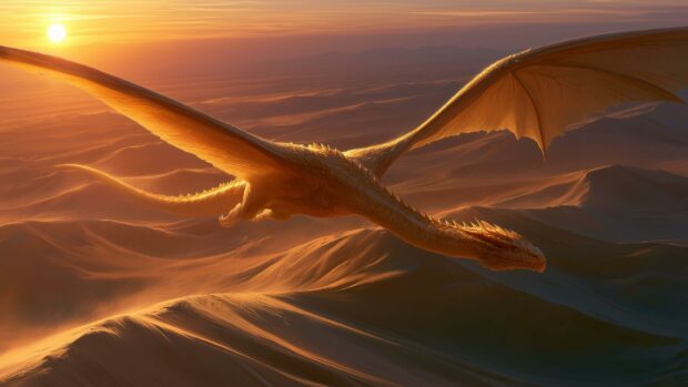 A majestic golden dragon wallpaper flying over a vast desert landscape bathed in the warm light of a sunset