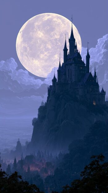 A mystical moon wallpaper showcasing a gothic castle perched on a cliff under a large, soft glowing moon