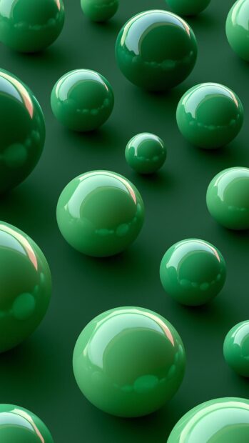 Green aesthetic wallpaper showcasing a captivating pattern of glossy 3D green spheres on a dark green background