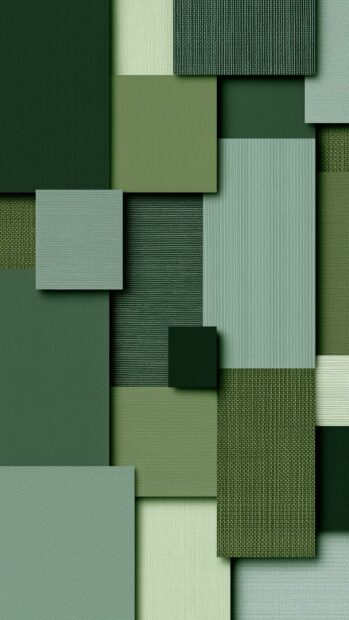 A green aesthetic wallpaper featuring an abstract composition of overlapping rectangular shapes in diverse shades and textures of green