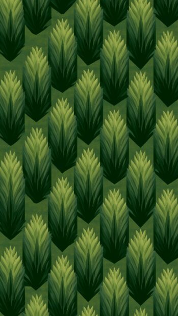 A dark green aesthetic wallpaper showcasing a dense, repeating pattern of layered, pointed leaves