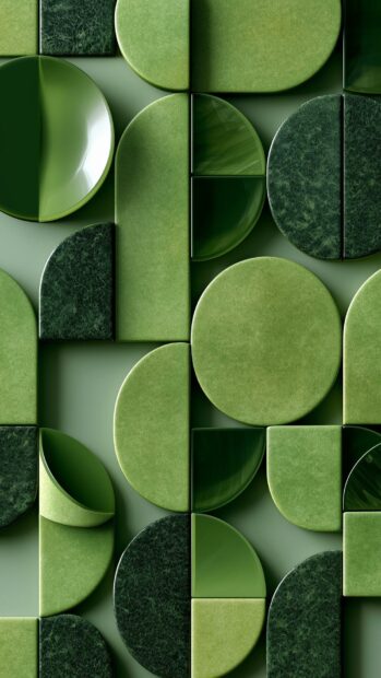 A green aesthetic wallpaper featuring an abstract geometric pattern of circles and half-circles in various shades of green