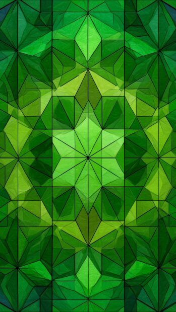 A vibrant green aesthetic wallpaper with a complex geometric pattern resembling stained glass in various shades of green