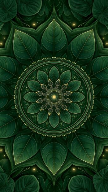 Green Aesthetic Wallpaper showcasing an intricate mandala design made from dark green leaves with glowing golden accents