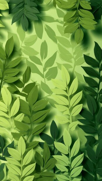 Green aesthetic wallpaper depicting a dense pattern of layered paper-cut style green leaves in various shades