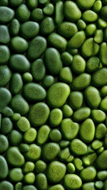 Green aesthetic wallpaper featuring a close-up of smooth, dark green and lime green pebbles