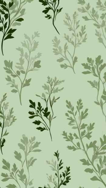 Green aesthetic wallpaper featuring a stylized repeating pattern of green leaf branches on a light green background