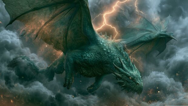 An epic green dragon wallpaper surrounded by dark storm clouds with bolts of lightning striking in the background