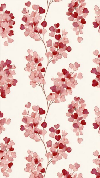 A unique Hearts Wallpaper displaying floral branches with clusters of small pink and red heart-shaped leaves