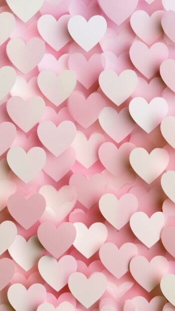 A delicate Hearts Wallpaper featuring a soft pattern of pastel pink and white paper hearts overlapping