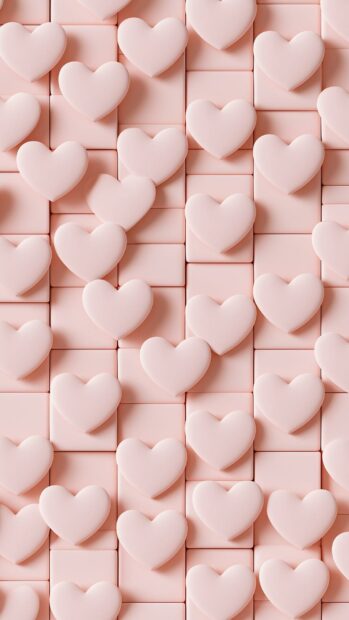 Hearts wallpaper showing a grid of soft pink square tiles, each featuring a raised, light pink 3D heart in the center