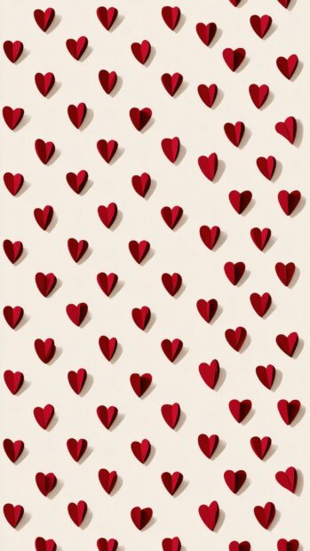 Hearts wallpaper displaying a neat grid of small, vibrant red folded paper hearts with subtle shadows on a light cream background