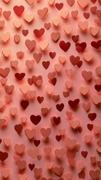 A lovely Hearts Wallpaper with many scattered pink and red hearts in varying shades and sizes, creating a dynamic 3D effect