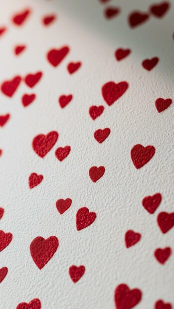 A vibrant Hearts Wallpaper showing small, textured red hearts scattered on a white surface with a shallow depth of field