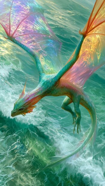 A colorful iridescent dragon wallpaper with rainbow-hued wings flying low above turbulent turquoise ocean waves