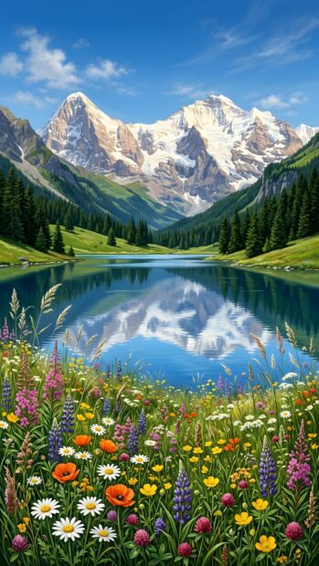 A beautiful landscape wallpaper featuring an alpine lake reflecting snow-capped mountains with a vibrant foreground of colorful wildflowers