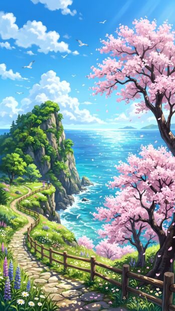 A vibrant anime landscape wallpaper depicting a path winding along a cliff with cherry blossom trees overlooking a sparkling blue ocean