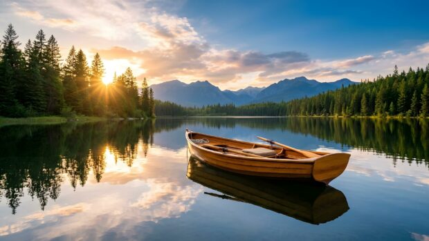 A serene landscape wallpaper showing a wooden boat on a calm lake surrounded by a forest at sunset