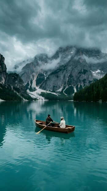 A moody landscape wallpaper featuring a rowboat with two people on a turquoise lake surrounded by misty mountains and dark clouds