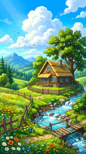 A vibrant cartoon landscape wallpaper featuring a cozy house by a flowing river and colorful flowers